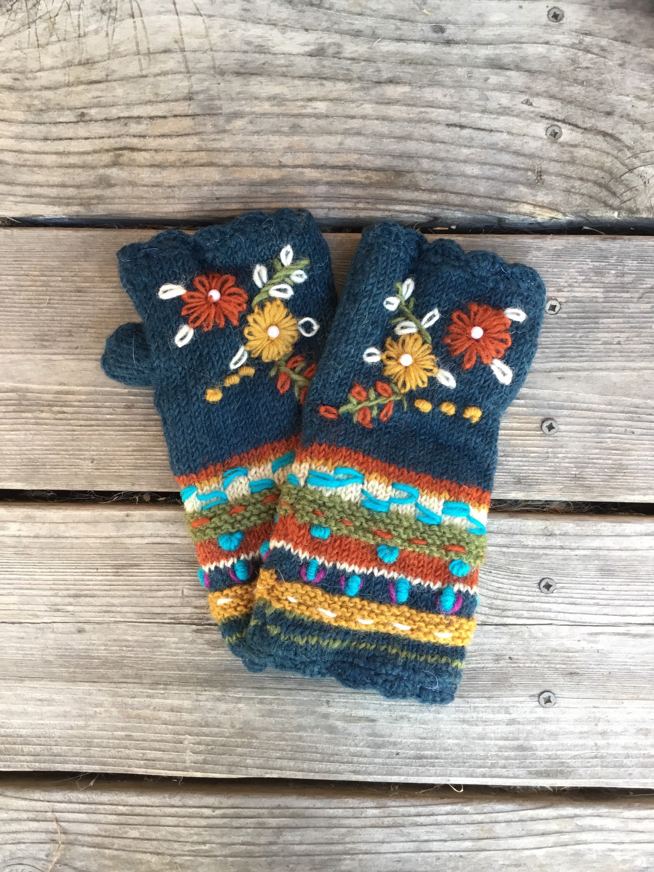 Embroidered Wool Fingerless Fleece Lined Gloves