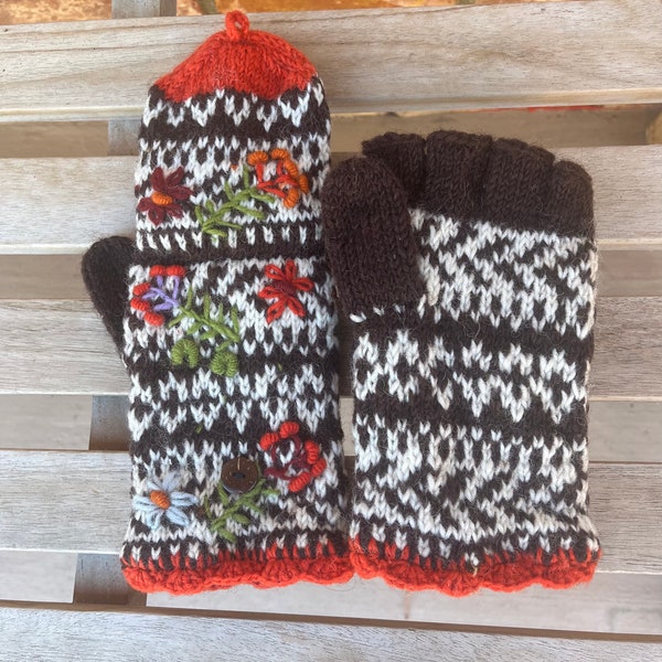 Wool Fingerless Fleece Lined Gloves With Flap Cover.