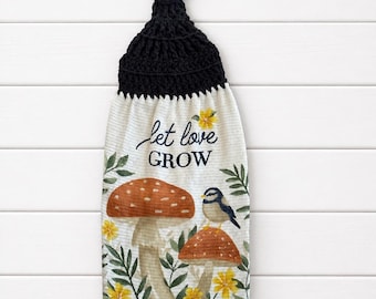 Asciugamano da cucina decorativo fatto a mano all'uncinetto con la scritta "Lascia che l'amore cresca".