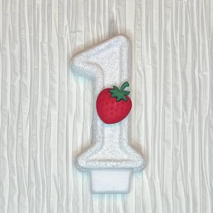 White Number Birthday Candle, Glitter Sparkly with Strawberry, Birthday Cake Topper