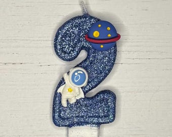 Space Astronaut Planet Theme Glitter Birthday Number Candle Cake Topper