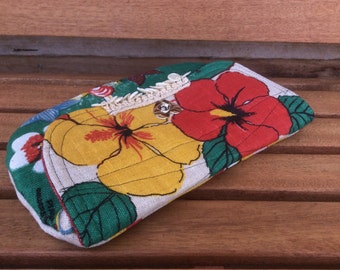 tropical linen clutch purse red and yellow hibiscus flowers shells clasp