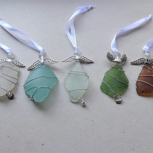 Guardian angel handmade ornaments, pastel aqua seafoam white green brown sea glass suncatcher Christmas coastal beach festive home decor