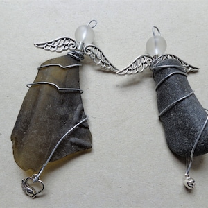 Guardian angel sea glass ornaments, upcycled forest olive green beachglass suncatcher, coastal beach Christmas home garden decor