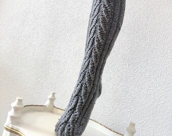 Handmade Knee-length Socks made from Re-used Wool Yarn - Gray with "Petals" Pattern, 9 inches