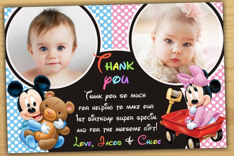 Mickey mouse 1st birthday thank you card twins birthday thank you card Digital file mickey mouse baby thank you card
