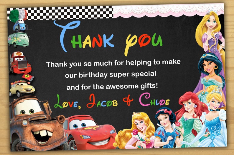 cars and princess twins thank you card Disney Cars and princess thank you card Digital file Disney princess and cars thank you card