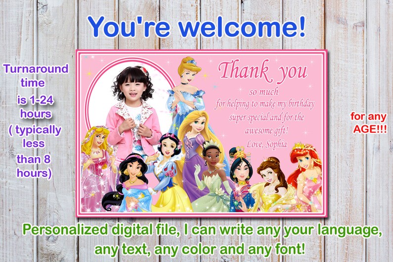 Princess thank you card disney princess custom order disney princess thank you card Digital file