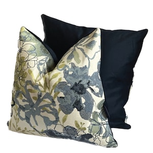 Velvet Pillow Cover in Navy Blue with Embroidered Floral Fabric Accent, Navy Flowers,  Beautiful Cover, Cover Only