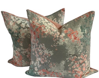 Coral Blossom Pillow Cover, Velvet Accent, Floral Throw Pillow