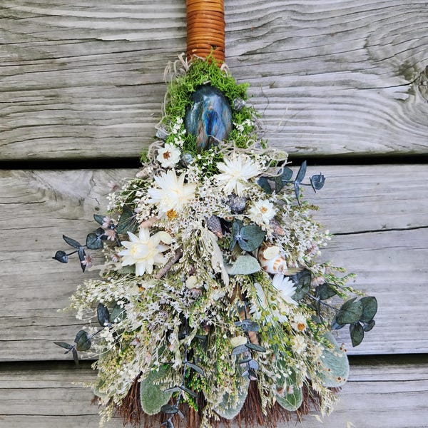 Witch Broom | Sea Witch Besom Broom with Labradorite, Seashells & Dried Florals | Ritual Altar Decor | Witchcraft Cleansing Broom