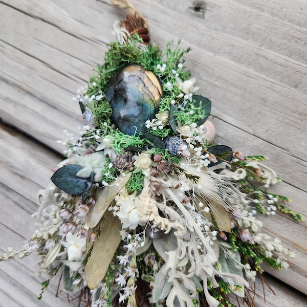 Witch Broom. Sea Witch Broom with Abalone Shell. Dried Florals. Coastal Altar Decor. Handmade Ritual Broom. Mermaid Grimoire Gift.