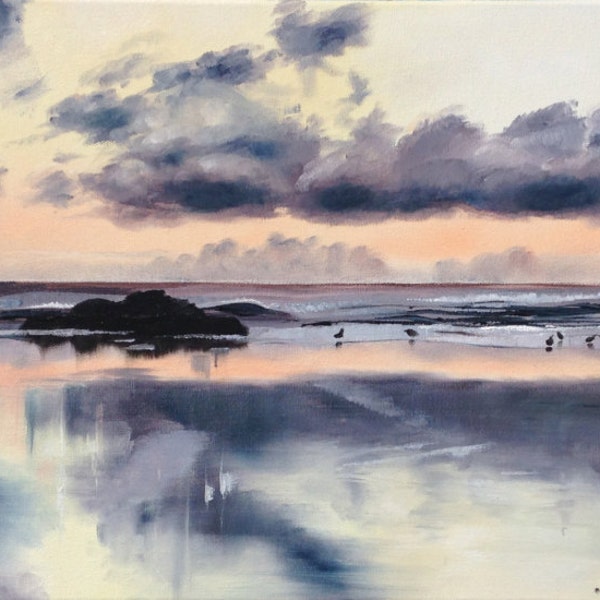 Watergate Bay zonsondergang, Cornwall. Originele olieverf op doek.