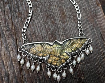 Carved Labradorite Eagle Gemstone Statement Necklace With Pearl Dangles/ Labradorite Necklace / Labradorite Jewelry / Labradorite Pendant