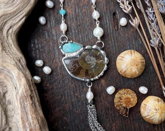 Ammonite Fossil, Amazonite & Pearls Chain Tassel Necklace