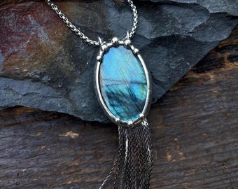 Iridescent Labradorite & Chain fringe Pendant Necklace Tassel Pendant