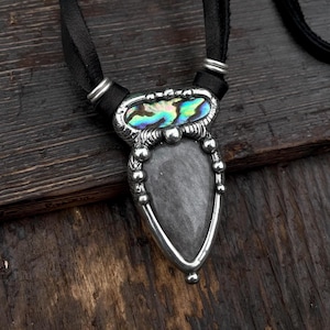 Ocean Goddess Abalone and Silver Sheen Obsidian Statement Necklace with Leather / Abalone Necklace / Abalone Jewelry / Statement Jewelry /