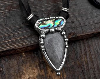 Abalone & Obsidian Statement Necklace on Leather Cord