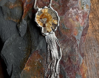 Ammonite Fossil & Chain fringe Pendant Necklace Tassel Pendant