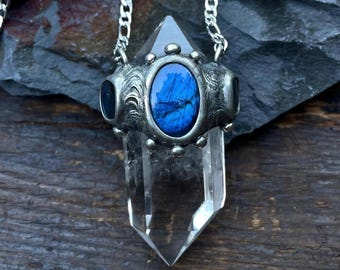 Large Quartz Crystal Point & Labradorite Pendant Statement Necklace