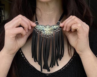 Carved Labradorite Eagle Gemstone  Statement Necklace With Leather Fringe / Labradorite Necklace / Labradorite Jewelry / Labradorite Pendant