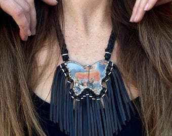 Maligano Jasper Butterfly Statement Necklace, Braided Deerskin Leather & Fringe Pendant