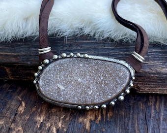 Handcrafted Druzy Pendant Necklace on Brown Leather, Crystal Jewelry