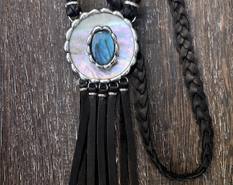 Floating Labradorite Gemstone Abalone Long Line Statement Necklace With Leather Fringe