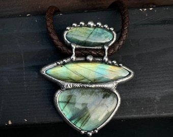 Handcrafted Labradorite Statement Necklace: Braided Leather Cord