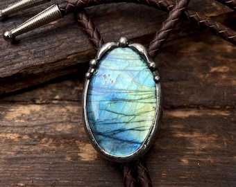 Labradorite Gemstone Bolo Tie / Labradorite Necklace/ Leather Bolo Necklace / Adjustable Necklace  / Western Jewelry / Western Style