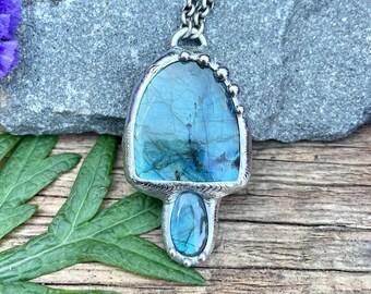 Labradorite Mushroom Pendant, Cosmic Silver Solder Necklace
