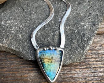 Labradorite Pendant Necklace with Shimmer Chain Handmade Crystal Jewelry