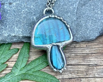 Labradorite Mushroom Pendant: Cosmic Mushie Necklace, Handmade