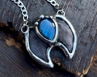 Carved Moon Labradorite Pendant Necklace, Handmade Crystal Jewelry