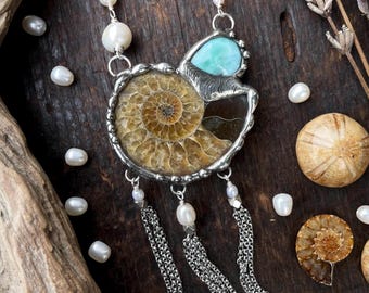 Ammonite Fossil, Larimar & Pearls Chain Tassel Necklace