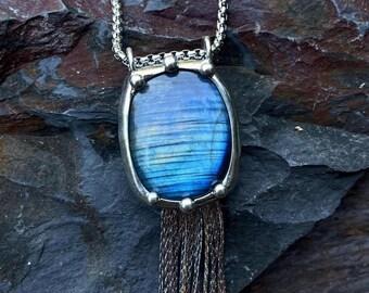 Iridescent Labradorite & Chain fringe Pendant Necklace Tassel Pendant