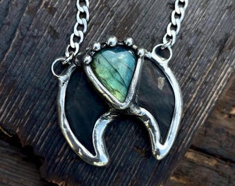Carved Moon Labradorite Pendant Necklace, Handmade Crystal Jewelry