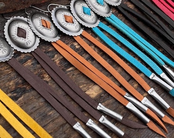 Western Concho Deerskin Leather Tassel Earrings, Western Earrings, Leather Fringe, Concho Earrings