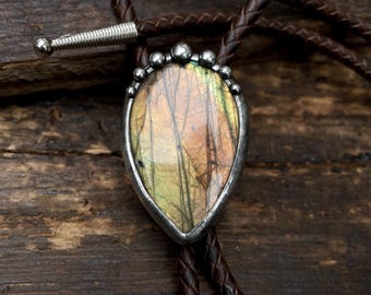 Labradorite Bolo Tie / Labradorite Necklace/ Leather Bolo Necklace / Adjustable Necklace  / Western Jewelry / Western Style