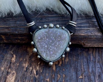 Sparkling Druzy Pendant Necklace on Leather Cord,  Crystal Jewelry