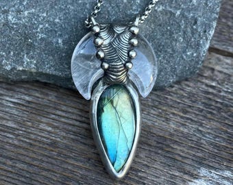 Quartz Crystal Crescent Moon & Labradorite Pendant Necklace