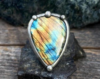 Handmade Labradorite Ring with Adjustable Band Statement Jewelry Statement Rings
