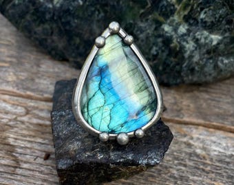Handmade Labradorite Ring with Adjustable Band Statement Jewelry Statement Rings
