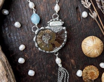 Ammonite Fossil, Aquamarine & Pearls Chain Tassel Necklace