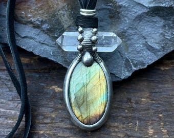 Handmade Labradorite & Quartz Crystal Pendant Necklace with Leather Strap