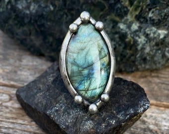 Handmade Labradorite Ring with Adjustable Band Statement Jewelry Statement Rings