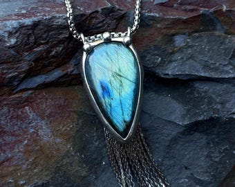 Iridescent Labradorite & Chain fringe Pendant Necklace Tassel Pendant