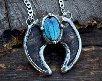 Carved Moon Labradorite Pendant Necklace, Handmade Jewelry