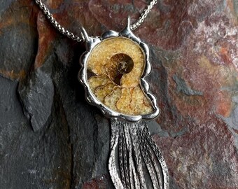 Ammonite Fossil & Chain fringe Pendant Necklace Tassel Pendant