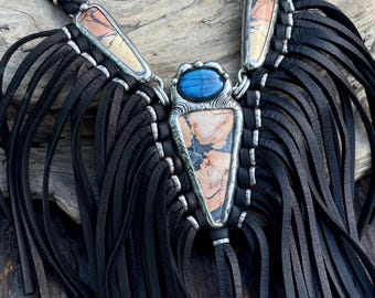 Labradorite Maligano Jasper Fringe Necklace, Soft Braided Deerskin Leather Cord Statement Jewelry